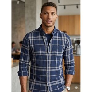 Mizzen+Main Mens M Trim Fit Plaid Button Down Shirt Navy Gray Stretch 1WS-0999 M